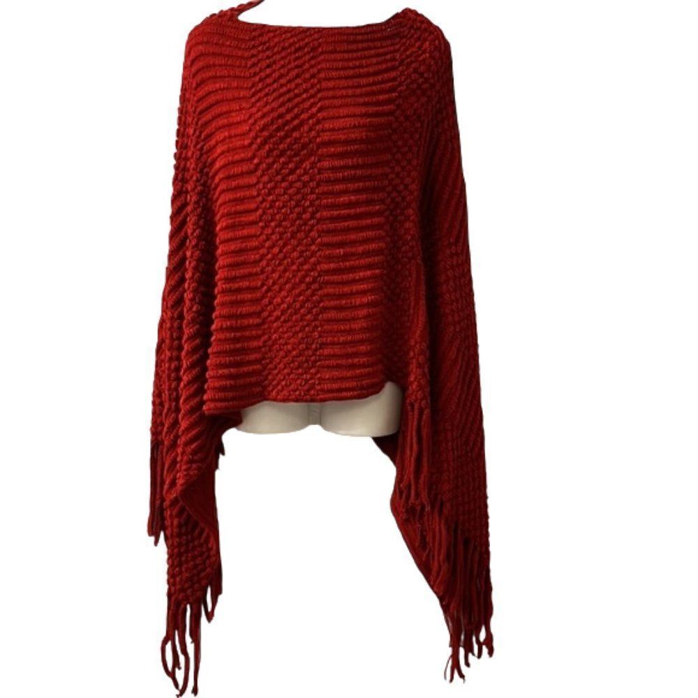 WinWin Ruby Red Knitted Fringe Pullover Shawl One Size